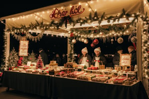 A Christmas market with vendors selling holiday treats and decorations.