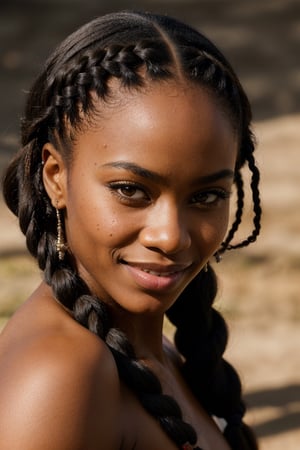 highly detailed RAW color Photo of (gorgeous stunning African American woman), (smile, sexy look, highly detailed eyes), big lips, (highly detailed hair, straight hair), sharp body, highly detailed body, closeup of highly detailed face, perfect lighting, shadows, sharp focus, 8k high definition, insanely detailed, intricate, masterpiece, highest quality, braided hair