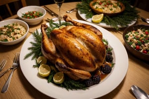 A Christmas Eve dinner with a roasted turkey and all the trimmings.