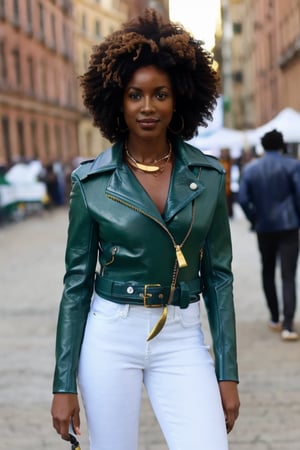 portrait, adult, woman, crooped afro hair, wearing hunter green leather jacket, white t-shirt, gold necklace, and blue jeans at a street festval, leather,Ebony