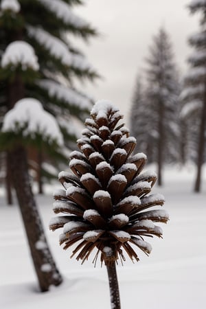 A close-up of a snow-covered pinecone.