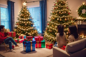 A family gathered around the Christmas tree, opening gifts.,DonMN30nChr1stGh0sts