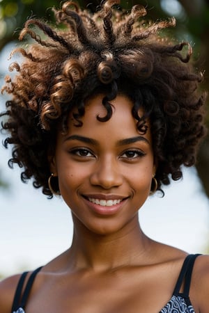 highly detailed RAW color Photo of (gorgeous stunning African American woman), (closeup of face), (smile, sexy look, highly detailed eyes), big lips, (highly detailed hair, short curly afro hair), sharp body, highly detailed body, highly detailed face, perfect lighting, shadows, sharp focus, 8k high definition, insanely detailed, intricate, masterpiece, highest quality, cropped short curly afro hair