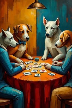 UHD, realistic oil painting style of Pablo Picasso of his cubist paintings, a picture og dogs at a card table playing poker 