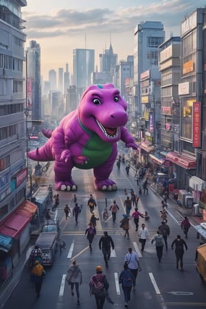 A whimsical scene: a city street in Tokyo with people running away in fear while being chased down by a giant Barney the purple dinosaur