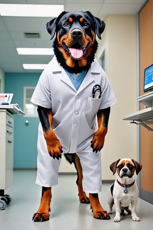 A rotweiller with dog paws and a human body wearing a white doctor's suit, pants and shoes standing at a medical clinic

Ultra-detailed, ultra-realistic, full body shot, very Distant view,aw0k euphoric style,photo r3al