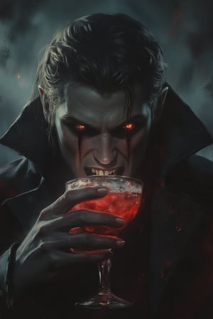 closeup portrait shot of a vampire man in a scenic dystopian environment with his mouth open showing his fangs while sipping a bloody mary drink, intricate, elegant, highly detailed, centered, digital painting, artstation, concept art, smooth, sharp focus, illustration, artgerm, tomasz alen kopera, peter mohrbacher, donato giancola, joseph christian leyendecker, wlop, boris vallejo. the atmosphere is dark and foggy.
dark, texture, vintage, light particles, dust, noise, grainy, film grain, pure black