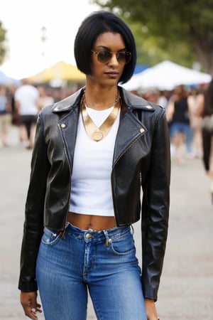 portrait, adult, woman, cropped black hair, wearing brown leather jacket, white t-shirt, gold necklace, and blue jeans at a street festval, leather,Ebony