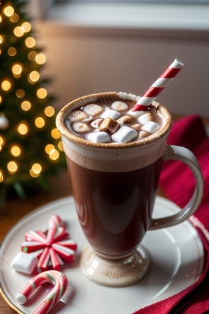 A cup of hot cocoa with marshmallows and a candy cane stirrer.,DonMN30nChr1stGh0sts