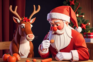Santa Claus feeding Rudolph te red-nosed reinderr some carrots