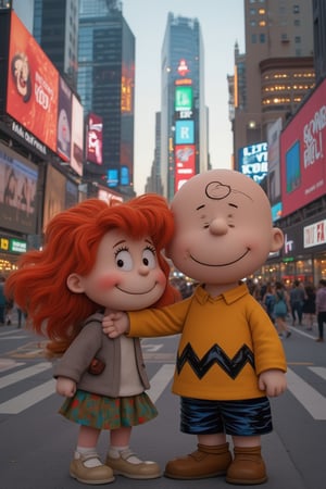 A scene in Times Square where an animated Charlie Brown is standing with his arm around a live realistic woman named Heather who has long wavy red hair as they both smile at each other