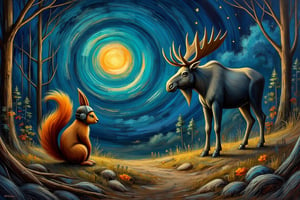 UHD, realistic oil painting style of Vincent Van Gogh, a picture featuring a squirrel with a leather helmet standing next to a moose in the forest with the moon and stars shining 