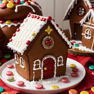 A gingerbread house decorated with icing and candy.