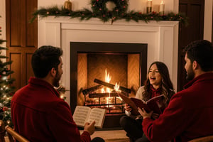 A group of carolers singing in front of a fireplace.