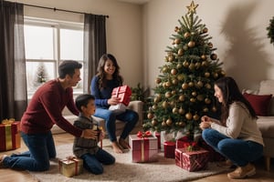 A family gathered around the Christmas tree, opening gifts.