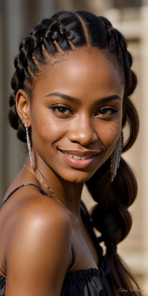 highly detailed RAW color Photo of (gorgeous stunning African American woman), (smile, sexy look, highly detailed eyes), big lips, (highly detailed hair, straight hair), sharp body, highly detailed body, closeup of highly detailed face, perfect lighting, shadows, sharp focus, 8k high definition, insanely detailed, intricate, masterpiece, highest quality, braided hair