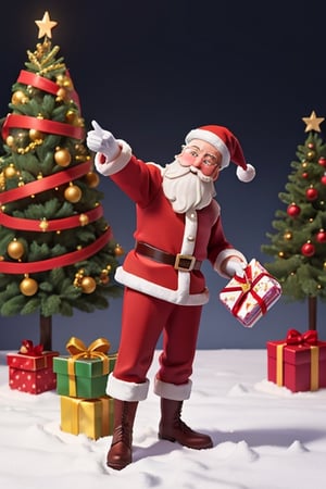 Santa Claus placing gifts undeneath a sparkling Christmas tree