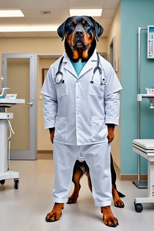 A rotweiller with dog paws and a human body wearing a white doctor's suit, pants and shoes standing at a medical clinic

Ultra-detailed, ultra-realistic, full body shot, very Distant view,aw0k euphoric style,photo r3al
