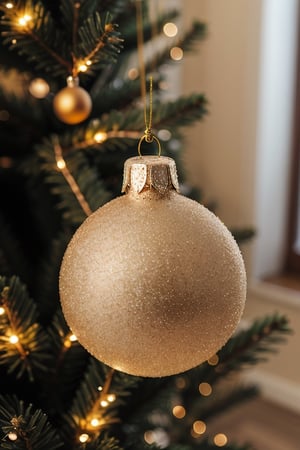 A close-up of a ornament hanging on a Christmas tree.