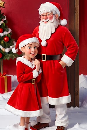 Santa Claus posing in front of Christmas tree with sexy Mrs. Claus wearing a red Santa hat and Santa suit,sntdrs