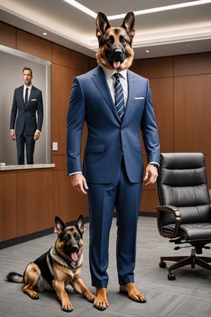 A German shephard with a human body and dog's paws wearing a Brioni suit while standing in a corporate boardroom

Ultra-detailed, ultra-realistic, full body shot, very Distant view,aw0k euphoric style,photo r3al
