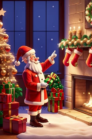 Santa Claus placing gifts inside Christmas stockings over fireplace