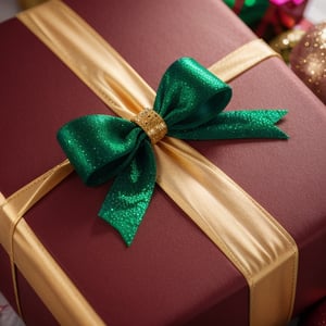 A close-up of a Christmas present wrapped in shiny paper and a festive bow.