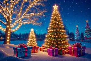 A snowy Christmas scene with a decorated tree and gifts under the tree.,DonMN30nChr1stGh0sts