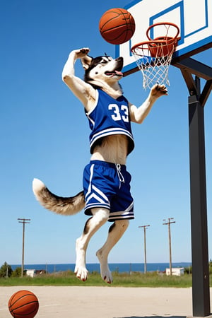 An Alaskan husky with a human body and dog's paws wearing a basketball jersey, shorts and sneakers dunking a basketball at the hoop

Ultra-detailed, ultra-realistic, full body shot, very Distant view,aw0k euphoric style,photo r3al