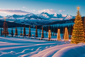 A Christmas tree farm with rows of trees and snow-covered fields in the background.,DonMN30nChr1stGh0sts