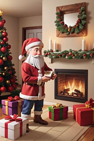 Santa Claus placing gifts inside Christmas stockings over fireplace