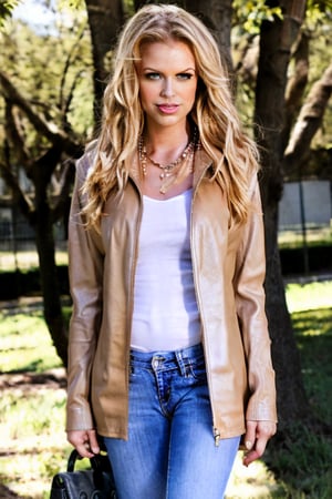 portrait, adult, woman, long wavy blonde hair, wearing trench leather jacket, white t-shirt, gold necklace, and blue jeans  under tree, sunny day, leather