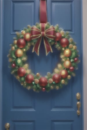 A Christmas wreath hanging on a front door.,DonMN30nChr1stGh0sts