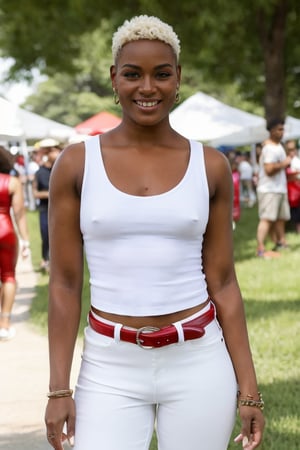 portrait, adult, woman, shaved hair, wearing white tank top and red leather pants at a neighborhood festival
