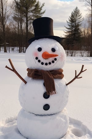 A snowman with a carrot nose and coal buttons.