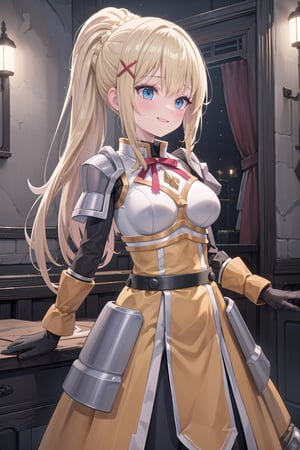 (masterpiece, best quality, glowing light, ultra detailed), high_resolution, perfect_eyes, perfect_anatomy, 

((1girl)), solo, front_view, cowboy_shot, standing, blush, large_breasts, long_hair, blonde_hair, x_hair_ornament, armor, blue_eyes, ponytail, hair_ornament, gloves, smile, shoulder_armor, braid, orange_gauntlets,black_gloves, yellow_dress, pauldrons, day, indoors, village, room, darkness \(konosuba\),1girl,