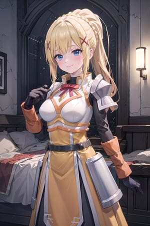 (masterpiece, best quality, glowing light, ultra detailed), high_resolution, perfect_eyes, perfect_anatomy, 

((1girl)), solo, front_view, cowboy_shot, standing, blush, large_breasts, long_hair, blonde_hair, x_hair_ornament, armor, blue_eyes, ponytail, hair_ornament, gloves, smile, shoulder_armor, braid, orange_gauntlets, black_gloves, yellow_dress, day, indoors, village, room, darkness \(konosuba\),1girl,