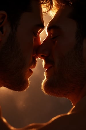 A homoerotic close-up captures the tender moment as two handsome men, once torn apart by distance and time, now reunite with a fervent passion, his strong hands grasping the other's face with a sense of urgency. Intense light casts a beautiful glow on their entwined faces which are illuminated with joy and longing. Shadows accentuate their contrasting features as they succumb to their desire.  Soft focus highlights the moisture-kissed lips as they share a deep, eternal kiss, sealing their love forever.