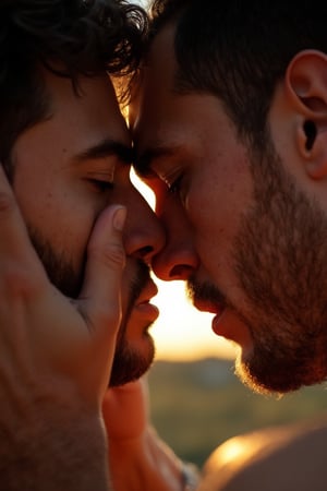 A homoerotic close-up captures the tender moment as two handsome men, once torn apart by distance and time, now reunite with a fervent passion, his strong hands grasping the other's face with a sense of urgency. Intense clear natural light casts a beautiful glow on their entwined faces which are illuminated with joy and longing. Shadows accentuate their contrasting features as they succumb to their desire.  Sharp focus highlights the moisture-kissed lips as they share a deep, eternal kiss, sealing their love forever.