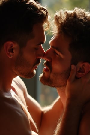 A homoerotic photo captures the tender moment as two handsome men, once torn apart by distance and time, now reunite with a fervent passion, his strong hands grasping the other's face with a sense of urgency. Bodies entiwned.  Intense clear natural light casts a beautiful glow on their entwined faces which are illuminated with joy and longing. Shadows accentuate their contrasting features as they succumb to their desire.  Sharp focus highlights the moisture-kissed lips as they share a deep, eternal kiss, sealing their love forever.