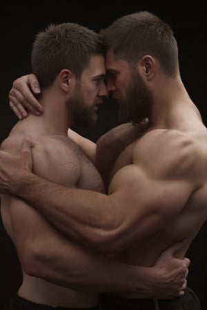 Prompt: A hyperrealistic photograph captures a tender moment between two men, showcasing a size difference. A rough 45-year-old short-haired man with a thick beard, hairy body and chiseled physique wraps the smaller 25-year-old hipster punk man in a protective embrace. hug from behind, eyes locked in a loving gaze. The older man's head leans gently on the younger one's shoulder as he wraps his arms around the other, hands clasped tightly at the front. vulnerability and trust shared between them. dramatic contour natural lighting, natural skin imperfections, texture, hand, natural skin imperfections, natural body shine, fluxbodybuilder