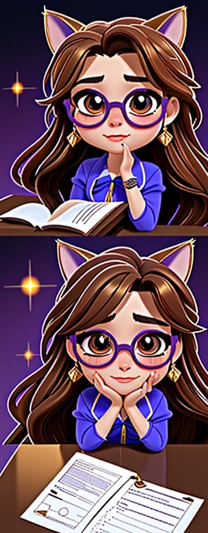 Imagine a beautiful girl with golden glasses, long brown hair, cat cosplay with long brown hair, play the homework
, work of beauty and complexity, hyper-detailed face, floral core, fantasy awesome. , 8k UHD, purple glitter elements,takane shijou,chibi,PinchingPOV