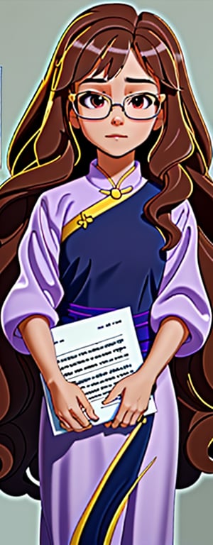 Imagine a beautiful girl with golden glasses, long brown hair, cat cosplay with long brown hair, brown eyes, play homework

, work of beauty and complexity, hyper-detailed face, cats core, fantasy awesome. , 8k UHD, purple glitter elements,takane shijou,chibi,PinchingPOV,aodai