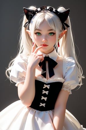 Create an image of a character with long white hair styled in two high ponytails and a central fringe, adorned with a lace headband and cat ears. She has a delicate, oval face with large green eyes that convey curiosity and sweetness, complemented by soft, fair skin. Dressed in a black maid outfit with white details, including a tight corset and a black bow at the neck, her short, ruffled skirt adds a playful touch. The character is seated with her hands in closed fists, raised close to her chest, conveying a sense of joy and excitement in a shy gesture, displaying a serious yet slightly worried expression. Ella’s color palette features dominant blacks and whites, accentuated by her striking green eyes, against a minimalist white background that enhances her features. Soft lighting highlights the textures of her dress and hair, creating a vibrant and dynamic atmosphere.,frieren,score_9,score_8_up,score_7_up,source_real,rating_explicit,BREAK