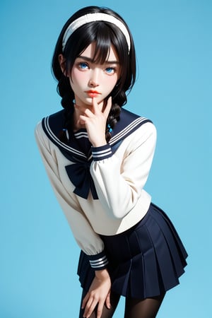 score_9,score_8_up,score_7_up,source_real,rating_explicit,BREAK,Extremely realistic,riko
Generate an image of a teenage girl aged 14-16 with sleek, dark black hair styled short, featuring a longer side and a braid on one side. She wears a white school uniform blouse with a sailor collar adorned with navy stripes, complemented by a simple jacket. A white headband frames her oval face, which has defined features and smooth, clear skin. Her large, light blue eyes reflect determination and cunning. Dressed in a short navy pleated skirt and elegant black tights, she stands in a dynamic pose, slightly leaning forward with her hand on her chin, exuding a challenging and thoughtful expression. The color palette includes vibrant whites, deep navy, and rich blacks against a soft blue background, creating a light, focused atmosphere that highlights her active personality.