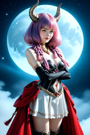 score_9,score_8_up,score_7_up,source_real,rating_explicit,BREAK,Extremely realistic,AuraFrieren, purple hair, blue eyes, horns, long hair, twin braids, necklace, strapless shirt, black shirt, navel cutout, white skirt, red waist cape, elbow gloves, black gloves, thigh boots
Create a captivating illustration of a confident character aged 15-20 with long, voluminous pink hair featuring braids at the front and adorned with prominent horns. She has an oval face with youthful features, large blue eyes reflecting a challenging gaze, and smooth, clear skin. Dressed in a sleeveless black top with silver accents that highlights her toned physique, complemented by a golden necklace and black arm bracelets, she wears a short black-and-white skirt with a dramatic large red bow. Capture her in a frontal pose with arms crossed and a slight smile, set against a dramatic night sky with a full moon. Emphasize vivid colors, realistic textures, and dynamic lighting to enhance the atmosphere of power and confidence in the scene.