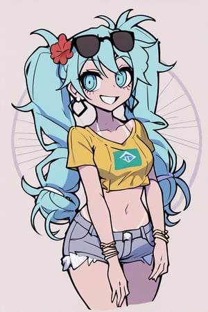 brazilianmiku, happy, dark-skinned female, tanlines, aqua hair, twintails, hair flower, aqua eyes, sunglasses, eyewear on head, yellow shirt, cropped t-shirt with the Brazilian flag, short sleeves, swimsuit, blue shorts, denim shorts, short shorts, beads, hoop earrings, bracelet, collarbone, midriff, large bust, helltaker style.