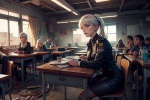 masterpiece,best quality, highly detailed, weiss schnee, scar across eye, long white hair, side ponytail, cowboy shot, she is wearing a military uniform, sitting with female officers, sitting on chairs in collapsed school building, classroom, desks, bonfire, rubble, post-apocalypse, dystopian future, (volumetric lighting), intricate details, tonemapping, sharp focus, hyper detailed poakl,