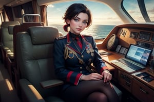 masterpiece,best quality, highly detailed, ruby_rose, looking_at_viewer, ((cowboy shot)), wearing military uniform, sitting, with white haired female military officer, officer with long white ponytail, in private jet above the sea,  other military officers on jet, poakl