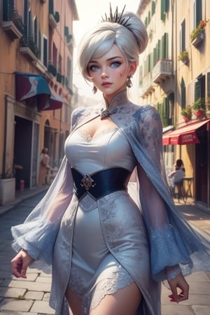  masterpiece,best quality, highly detailed, weiss schnee,1girl,solo,scar across eye,  cowboy shot, walking in venice, italy, crowd, (volumetric lighting), intricate details, tonemapping, sharp focus, hyper detailed poakl, 